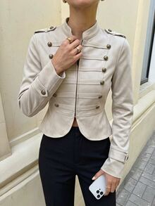 SHEIN PETITE Stylish Khaki Napoleon-Style Coat With Metal Buttons For Petite Women-Perfect For Commuting. - Khaki - View 1