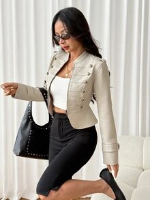 SHEIN PETITE Stylish Khaki Napoleon-Style Coat With Metal Buttons For Petite Women-Perfect For Commuting. - Khaki - View 10