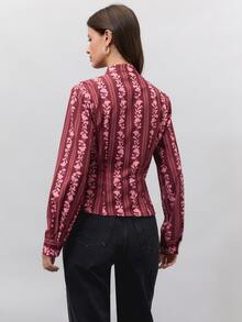 Nöista Burgundy Striped Print Slim-Fit Long-Sleeved Shirt. Ruffles, Girly, Cute, Versatile, Elegant, Dinner Parties Or Commuting.Fall Winter,Going Out. - Burgundy - View 6