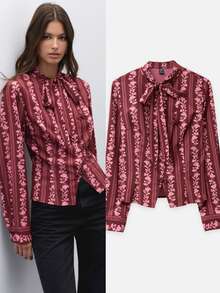 Nöista Burgundy Striped Print Slim-Fit Long-Sleeved Shirt. Ruffles, Girly, Cute, Versatile, Elegant, Dinner Parties Or Commuting.Fall Winter,Going Out. - Burgundy - View 3