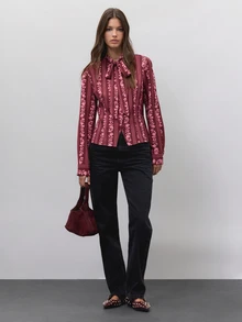 Nöista Burgundy Striped Print Slim-Fit Long-Sleeved Shirt. Ruffles, Girly, Cute, Versatile, Elegant, Dinner Parties Or Commuting.Fall Winter,Going Out. - Burgundy - View 1