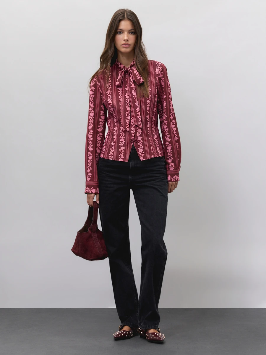 Nöista Burgundy Striped Print Slim-Fit Long-Sleeved Shirt. Ruffles, Girly, Cute, Versatile, Elegant, Dinner Parties Or Commuting.Fall Winter,Going Out. - Burgundy - View 1