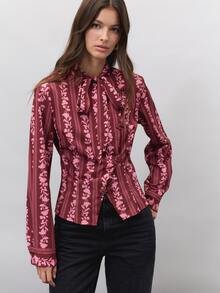 Nöista Burgundy Striped Print Slim-Fit Long-Sleeved Shirt. Ruffles, Girly, Cute, Versatile, Elegant, Dinner Parties Or Commuting.Fall Winter,Going Out. - Burgundy - View 5