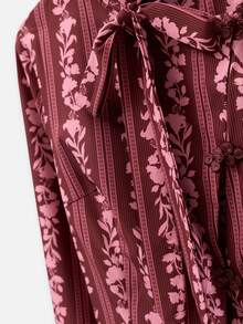 Nöista Burgundy Striped Print Slim-Fit Long-Sleeved Shirt. Ruffles, Girly, Cute, Versatile, Elegant, Dinner Parties Or Commuting.Fall Winter,Going Out. - Burgundy - View 10