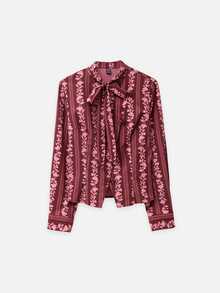Nöista Burgundy Striped Print Slim-Fit Long-Sleeved Shirt. Ruffles, Girly, Cute, Versatile, Elegant, Dinner Parties Or Commuting.Fall Winter,Going Out. - Burgundy - View 7