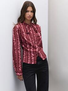 Nöista Burgundy Striped Print Slim-Fit Long-Sleeved Shirt. Ruffles, Girly, Cute, Versatile, Elegant, Dinner Parties Or Commuting.Fall Winter,Going Out. - Burgundy - View 11