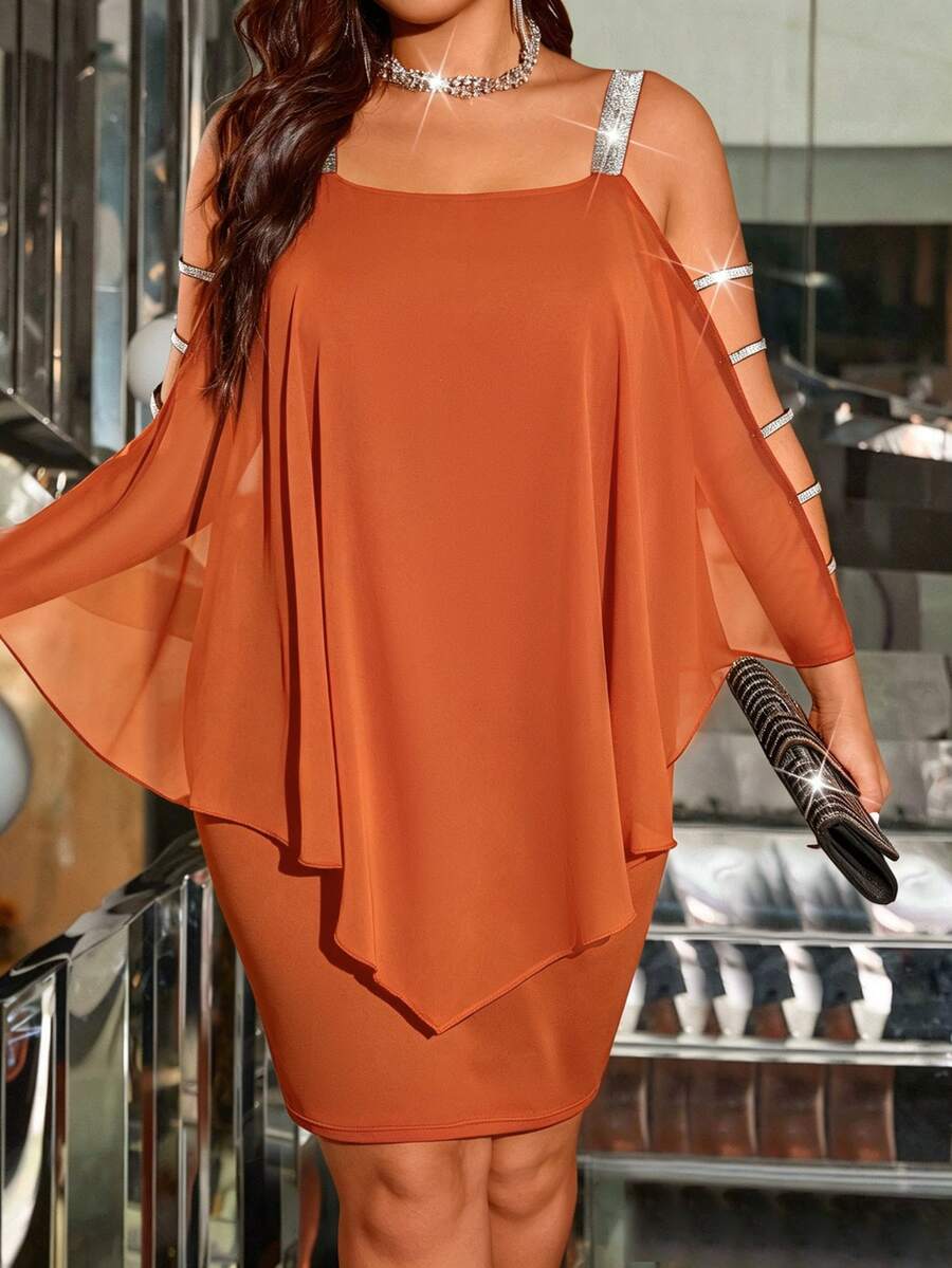 Cravure Plus Size Women's Silver Spaghetti Strap Patchwork Chiffon Sheer Bodycon Party Dress - Orange - View 1