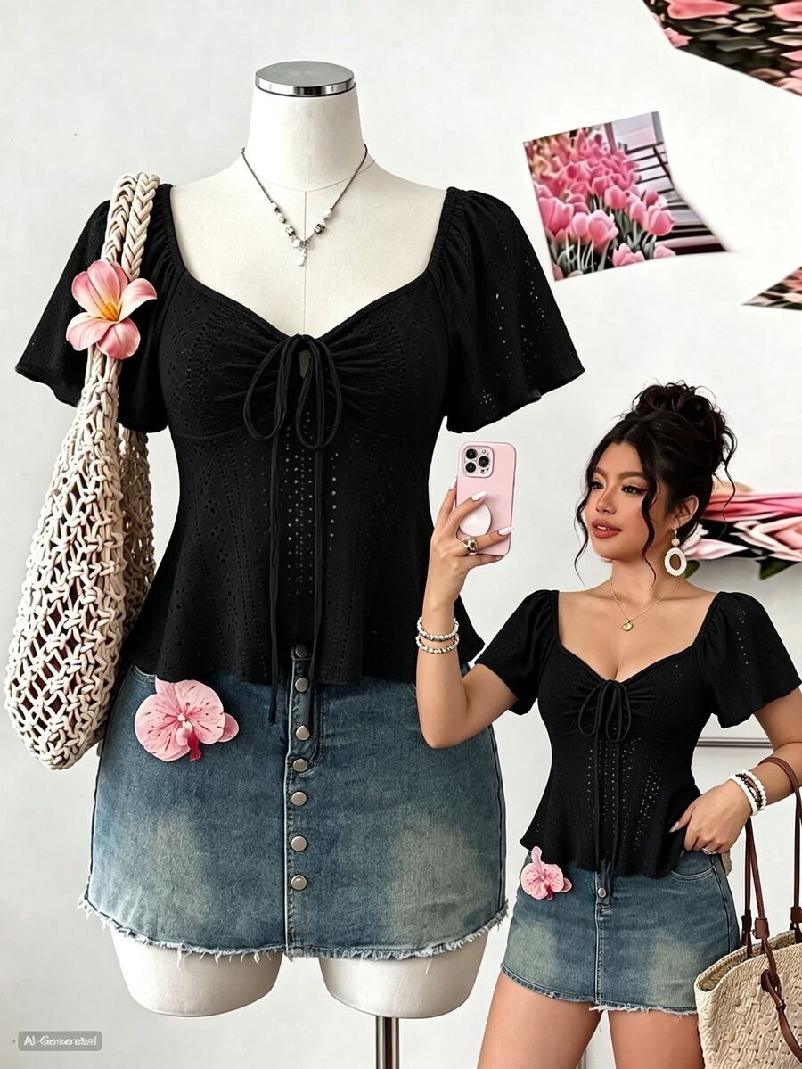 GlowEve CURVE Plus Size Women's Fashion Casual Loose Comfortable Daily All-Match Versatile Black Drawstring Tie Hollow Out Short Top - Black - View 1