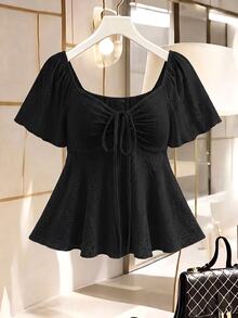 GlowEve CURVE Plus Size Women's Fashion Casual Loose Comfortable Daily All-Match Versatile Black Drawstring Tie Hollow Out Short Top - Black - View 4