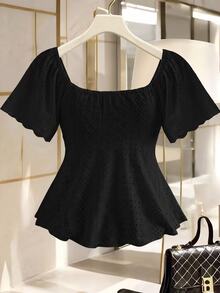 GlowEve CURVE Plus Size Women's Fashion Casual Loose Comfortable Daily All-Match Versatile Black Drawstring Tie Hollow Out Short Top - Black - View 2