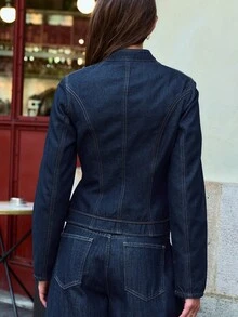 Nöista Chinese-Style Stand-Up Collar Slim-Fit Denim Jacket ,Deep Indigo,Elegant Classic Piece For Versatile Mix-And-Match Style. Fall Winter,Chic,Casual. - Royal Blue - View 5