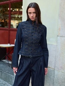 Nöista Chinese-Style Stand-Up Collar Slim-Fit Denim Jacket ,Deep Indigo,Elegant Classic Piece For Versatile Mix-And-Match Style. Fall Winter,Chic,Casual. - Royal Blue - View 1