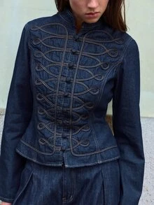 Nöista Chinese-Style Stand-Up Collar Slim-Fit Denim Jacket ,Deep Indigo,Elegant Classic Piece For Versatile Mix-And-Match Style. Fall Winter,Chic,Casual. - Royal Blue - View 6
