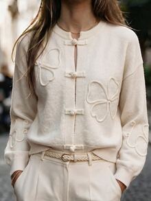 SHEIN Autumn/Winter Soft Knit Crew Neck New Chinese Style Frog Button Floral Embroidery Cardigan - Apricot - View 5