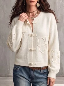 SHEIN Autumn/Winter Soft Knit Crew Neck New Chinese Style Frog Button Floral Embroidery Cardigan - Apricot - View 3
