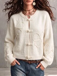 SHEIN Autumn/Winter Soft Knit Crew Neck New Chinese Style Frog Button Floral Embroidery Cardigan - Apricot - View 4