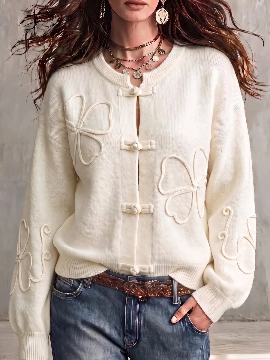 SHEIN Autumn/Winter Soft Knit Crew Neck New Chinese Style Frog Button Floral Embroidery Cardigan - Apricot - View 1