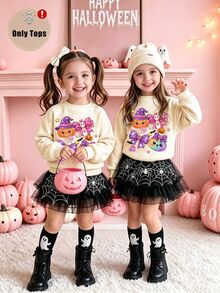 SHEIN Genkimix Kids 女童甜美可愛萬聖節蝴蝶結與小鬼南瓜圖案杏色圓領衛衣，適合秋冬日常、萬聖節、節日派對 - 黑色 - 查看 8