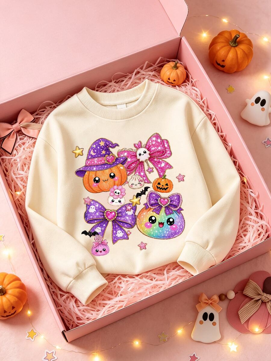 SHEIN Genkimix Kids 1pc Girls Halloween Pumpkin Ghost Bow Print Long Sleeve Sweatshirt Fall Style Cute Sweet - Black - View 1