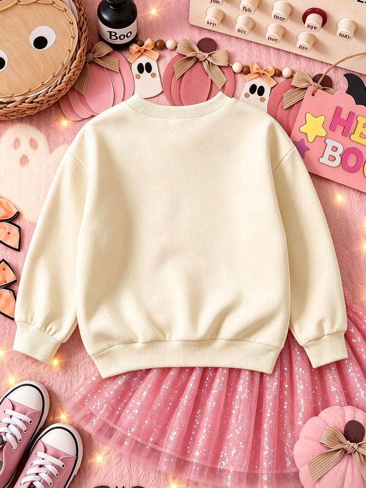 SHEIN Genkimix Kids Sweatshirt Perempuan Lucu dan Manis dengan Motif Pita Halloween & Hantu Kecil, Warna Aprikot, Kerah Bulat, Cocok untuk Sehari-hari di Musim Gugur/Dingin, Halloween, Pesta Liburan - Hitam - View 2