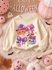 SHEIN Genkimix Kids 女童甜美可愛萬聖節蝴蝶結與小鬼南瓜圖案杏色圓領衛衣，適合秋冬日常、萬聖節、節日派對 - 黑色 - 查看 7