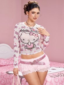 HELLO KITTY AND FRIENDS | SHEIN Women's Cartoon Bow Print Sheer Mesh Top - White - View 4