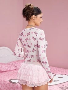 HELLO KITTY AND FRIENDS | SHEIN Women's Cartoon Bow Print Sheer Mesh Top - White - View 2