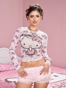 HELLO KITTY AND FRIENDS | SHEIN Women's Cartoon Bow Print Sheer Mesh Top - White - View 1