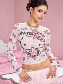 HELLO KITTY AND FRIENDS | SHEIN Women's Cartoon Bow Print Sheer Mesh Top - White - View 3