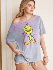LOONEY TUNES X SHEIN Women's Letter Print Asymmetrical Shoulder Short Sleeve T-Shirt - Light Grey - View 5