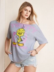 LOONEY TUNES X SHEIN Women's Letter Print Asymmetrical Shoulder Short Sleeve T-Shirt - Light Grey - View 4