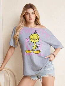 LOONEY TUNES X SHEIN Women's Letter Print Asymmetrical Shoulder Short Sleeve T-Shirt - Light Grey - View 6