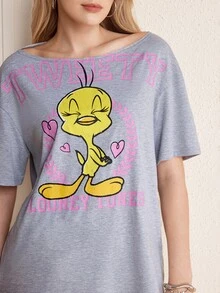 LOONEY TUNES X SHEIN Women's Letter Print Asymmetrical Shoulder Short Sleeve T-Shirt - Light Grey - View 7
