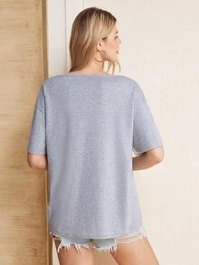 LOONEY TUNES X SHEIN Women's Letter Print Asymmetrical Shoulder Short Sleeve T-Shirt - Light Grey - View 2