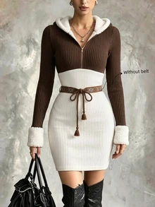 GlowEve Women's Colorblock Long Sleeve Zip-Up Half-Placket Casual Hooded Mid-Length Dress - Multicolor - View 1
