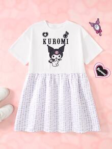 HELLO KITTY AND FRIENDS | SHEIN Tween Girl Cartoon Print Round Neck Short Sleeve Dress - Mauve Purple - View 3