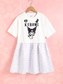 HELLO KITTY AND FRIENDS | SHEIN Tween Girl Cartoon Print Round Neck Short Sleeve Dress - Mauve Purple - View 1