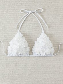 Swim Mod Top de traje de baño de unicolor de verano con flor 3D y cuello de halter - Blanco - Ver 3