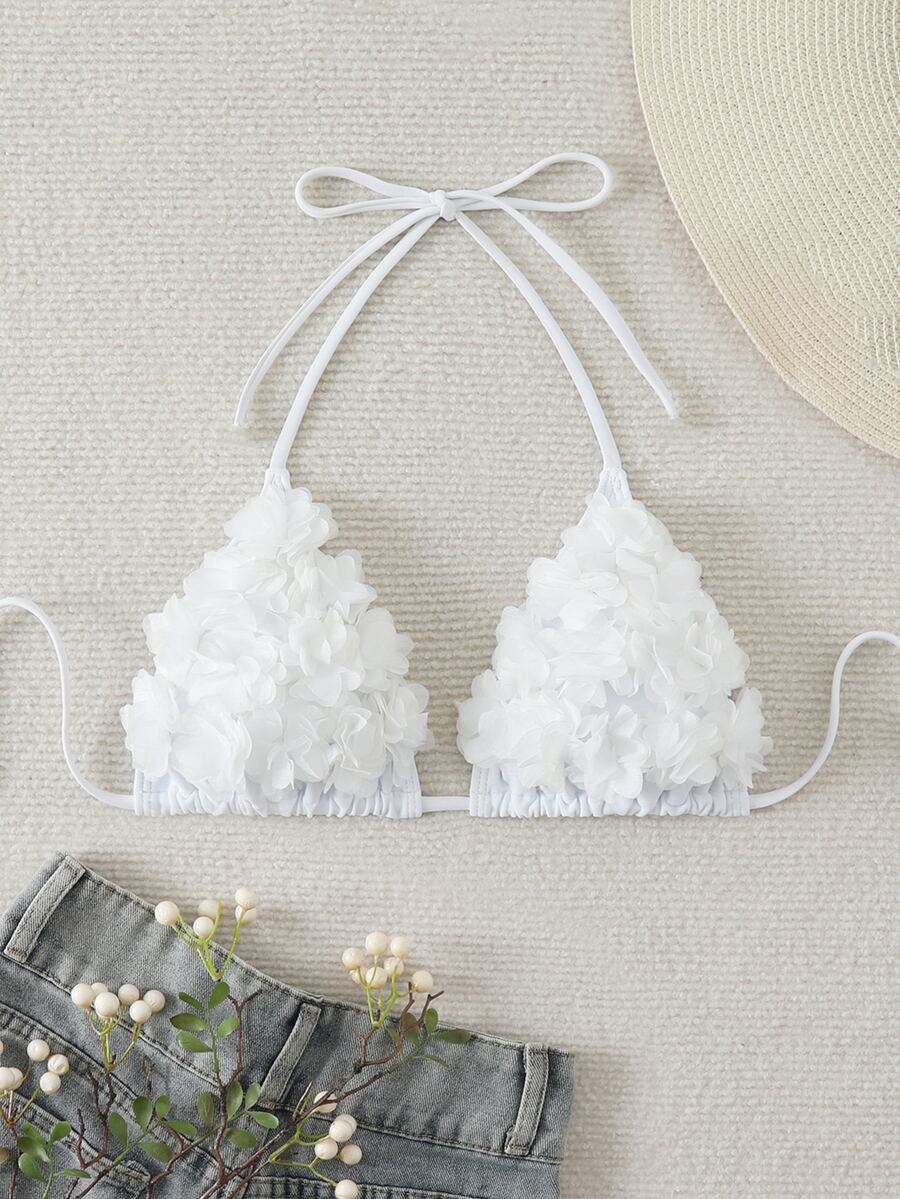 Swim Mod Top de traje de baño de unicolor de verano con flor 3D y cuello de halter - Blanco - Ver 1