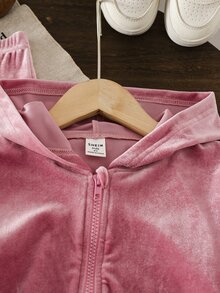 SHEIN 少女 2件組休閒純色連帽上衣與喇叭褲套裝，秋季新款，開學穿搭，秋冬款 - 粉色 - 查看 5