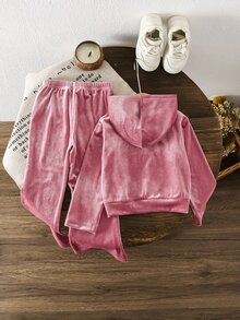 SHEIN 少女 2件組休閒純色連帽上衣與喇叭褲套裝，秋季新款，開學穿搭，秋冬款 - 粉色 - 查看 3