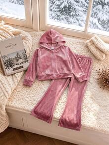 SHEIN 少女 2件組休閒純色連帽上衣與喇叭褲套裝，秋季新款，開學穿搭，秋冬款 - 粉色 - 查看 2