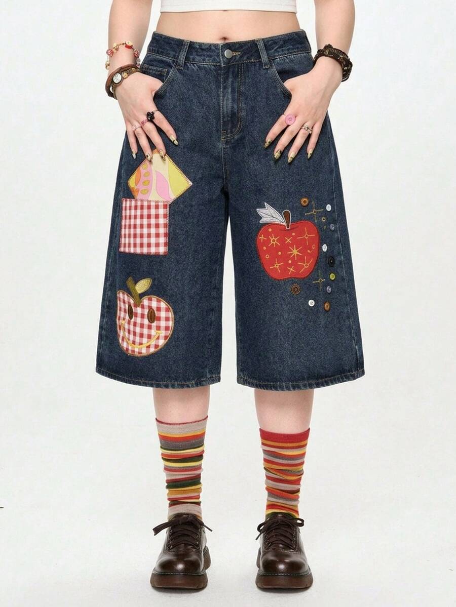 Sweetness Handmade Girl Apple Embroidery Button Decor 3/4 Length Plus Size Denim Jeans - Blue - View 1