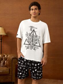 HARRY POTTER X SHEIN Conjunto de ropa de estar en casa para hombre con camiseta de manga corta y pantalones cortos - Blanco y Negro - Ver 5