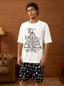 HARRY POTTER X SHEIN Conjunto de ropa de estar en casa para hombre con camiseta de manga corta y pantalones cortos - Blanco y Negro - Ver 4