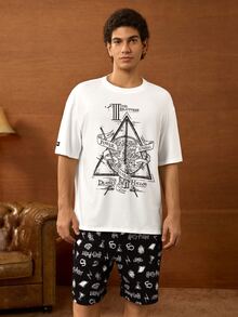 HARRY POTTER X SHEIN Conjunto de ropa de estar en casa para hombre con camiseta de manga corta y pantalones cortos - Blanco y Negro - Ver 3