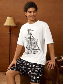 HARRY POTTER X SHEIN Conjunto de ropa de estar en casa para hombre con camiseta de manga corta y pantalones cortos - Blanco y Negro - Ver 1