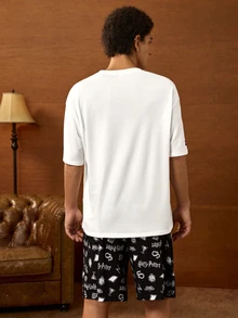HARRY POTTER X SHEIN Conjunto de ropa de estar en casa para hombre con camiseta de manga corta y pantalones cortos - Blanco y Negro - Ver 2