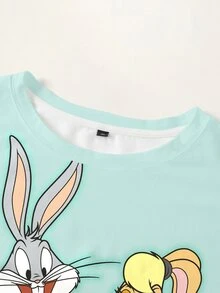 LOONEY TUNES X SHEIN 大尺碼女款卡通印花圓領短袖休閒T恤 - 白色 - 查看 3
