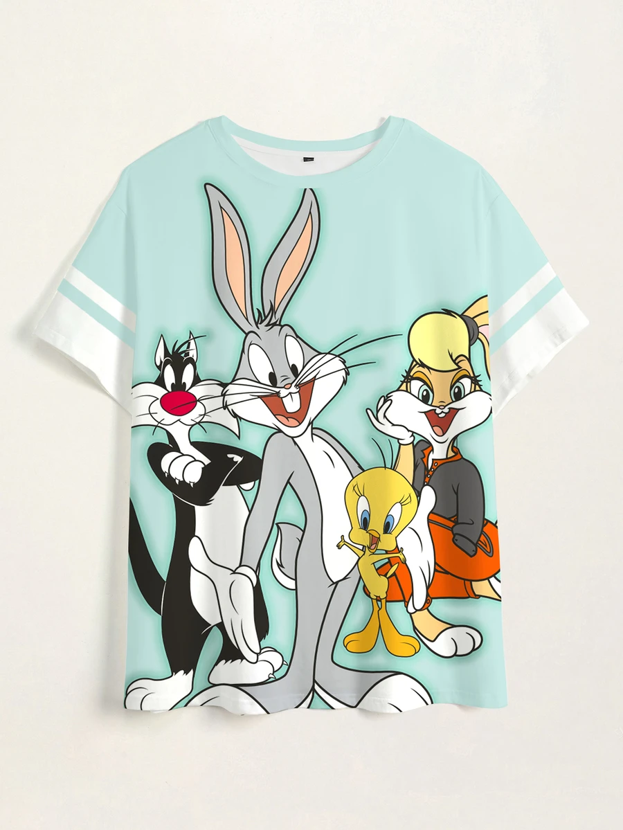 LOONEY TUNES X SHEIN 大尺碼女款卡通印花圓領短袖休閒T恤 - 白色 - 查看 1